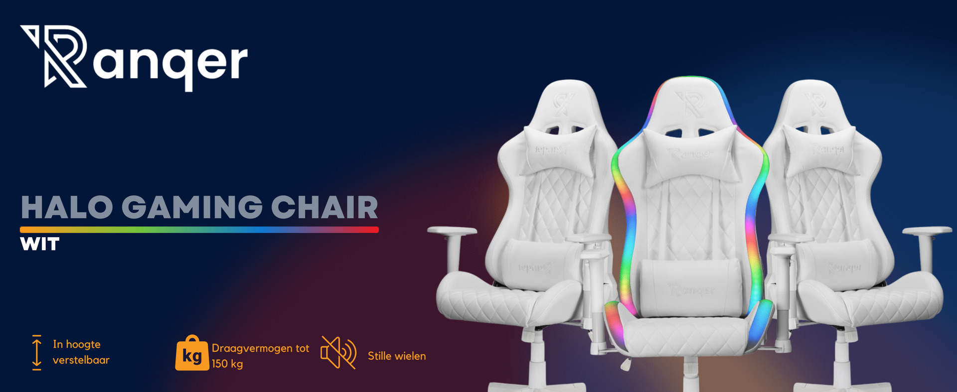 Ranqer Halo rgb gamestoel in wit, zwart en met rgb/led licht in één visual